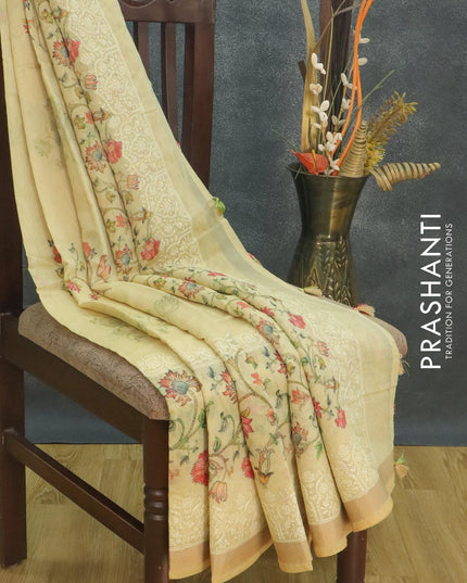Semi chanderi saree pale yellow and sandal with allover floral prints and embroidery border - {{ collection.title }} by Prashanti Sarees