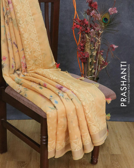 Semi chanderi saree pale yellow with allover floral prints and embroidery border - {{ collection.title }} by Prashanti Sarees