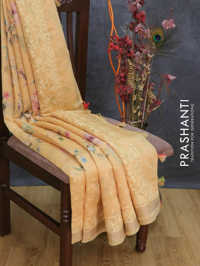 Semi chanderi saree pale yellow with allover floral prints and embroidery border - {{ collection.title }} by Prashanti Sarees