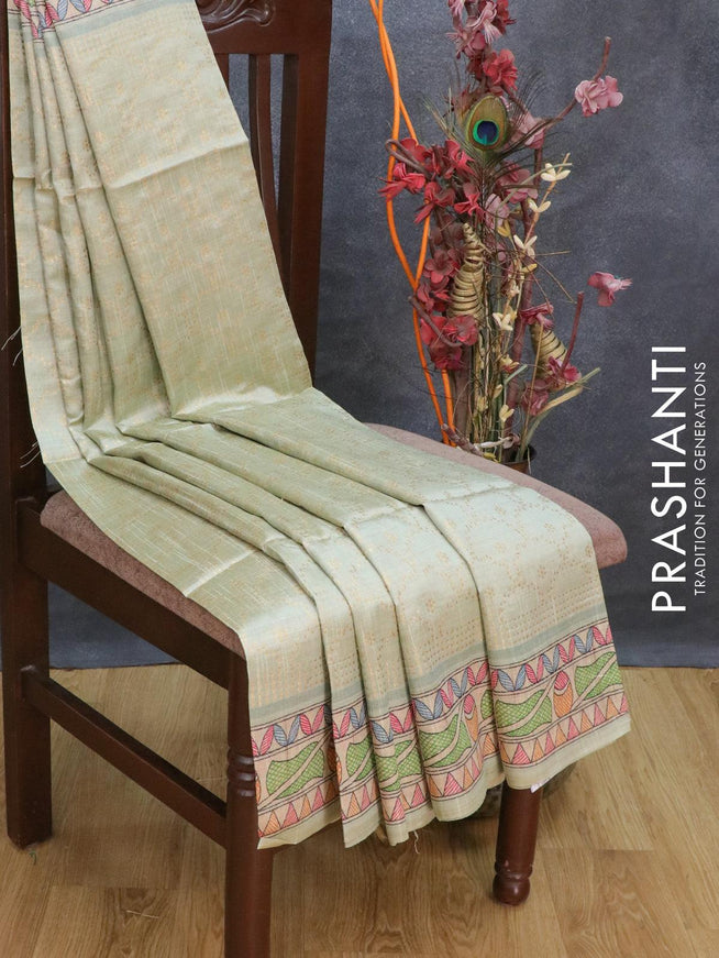 Semi chanderi saree pastel green and beige with allover zari weaving and madhubani printed border - {{ collection.title }} by Prashanti Sarees
