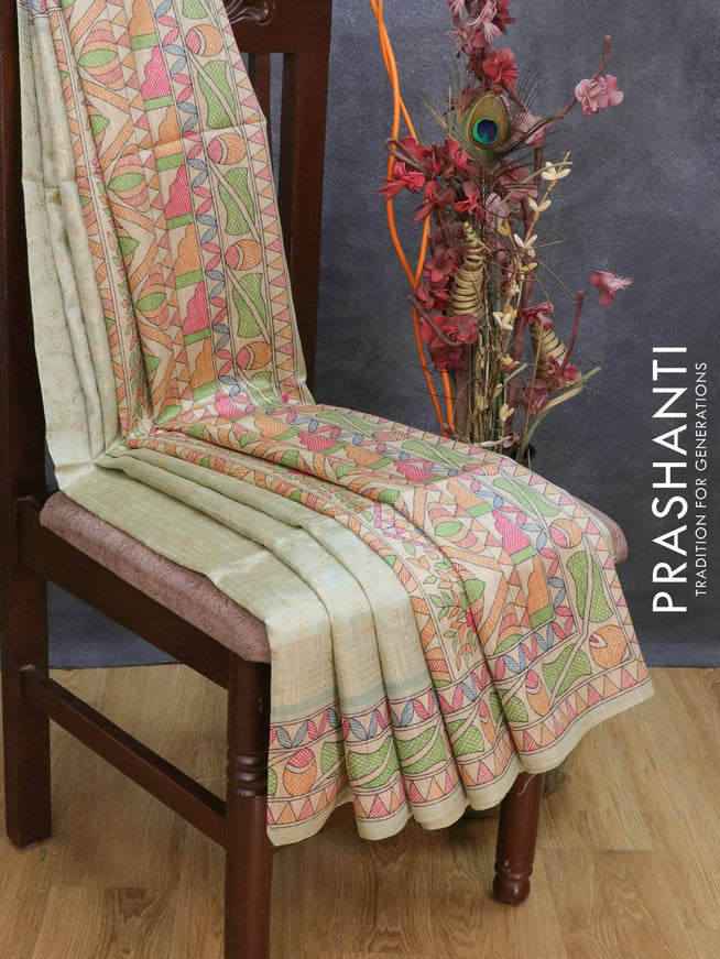 Semi chanderi saree pastel green and beige with allover zari weaving and madhubani printed border - {{ collection.title }} by Prashanti Sarees