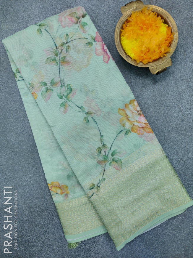 Semi chanderi saree pastel green with allover floral prints and banarasi style border - {{ collection.title }} by Prashanti Sarees