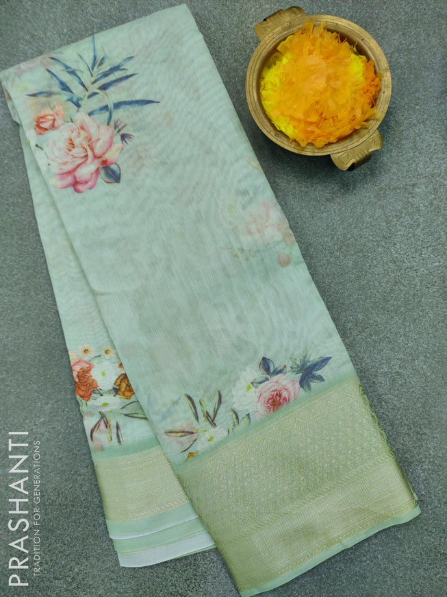 Semi chanderi saree pastel green with allover floral prints and banarasi style border - {{ collection.title }} by Prashanti Sarees