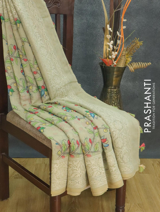 Semi chanderi saree pastel green with allover floral prints and embroidery border - {{ collection.title }} by Prashanti Sarees