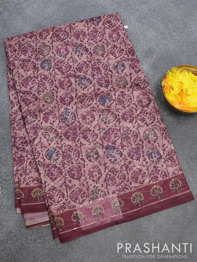 Semi chanderi saree pastel pink and wine shade with allover prints & kantha stitch work and kantha stitch work border - {{ collection.title }} by Prashanti Sarees