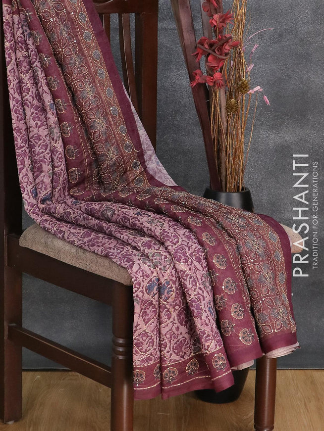 Semi chanderi saree pastel pink and wine shade with allover prints & kantha stitch work and kantha stitch work border - {{ collection.title }} by Prashanti Sarees