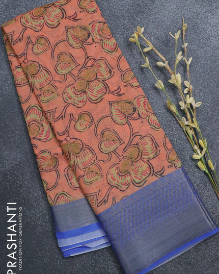Semi chanderi saree peach and blue with allover prints and banarasi style border - - {{ collection.title }} by Prashanti Sarees