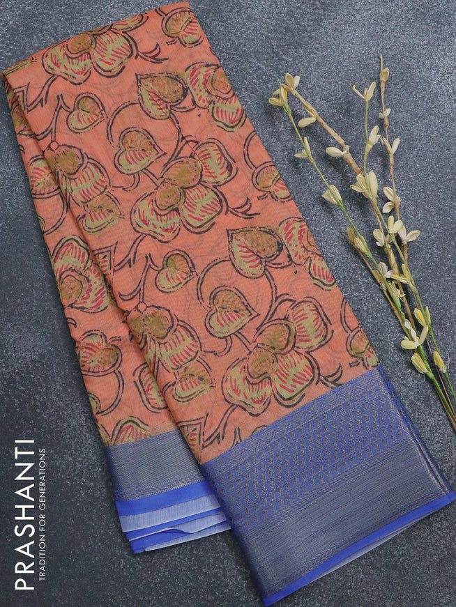 Semi chanderi saree peach and blue with allover prints and banarasi style border - - {{ collection.title }} by Prashanti Sarees