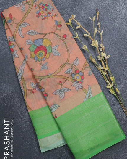 Semi chanderi saree peach and green with allover prints and banarasi style border - - {{ collection.title }} by Prashanti Sarees