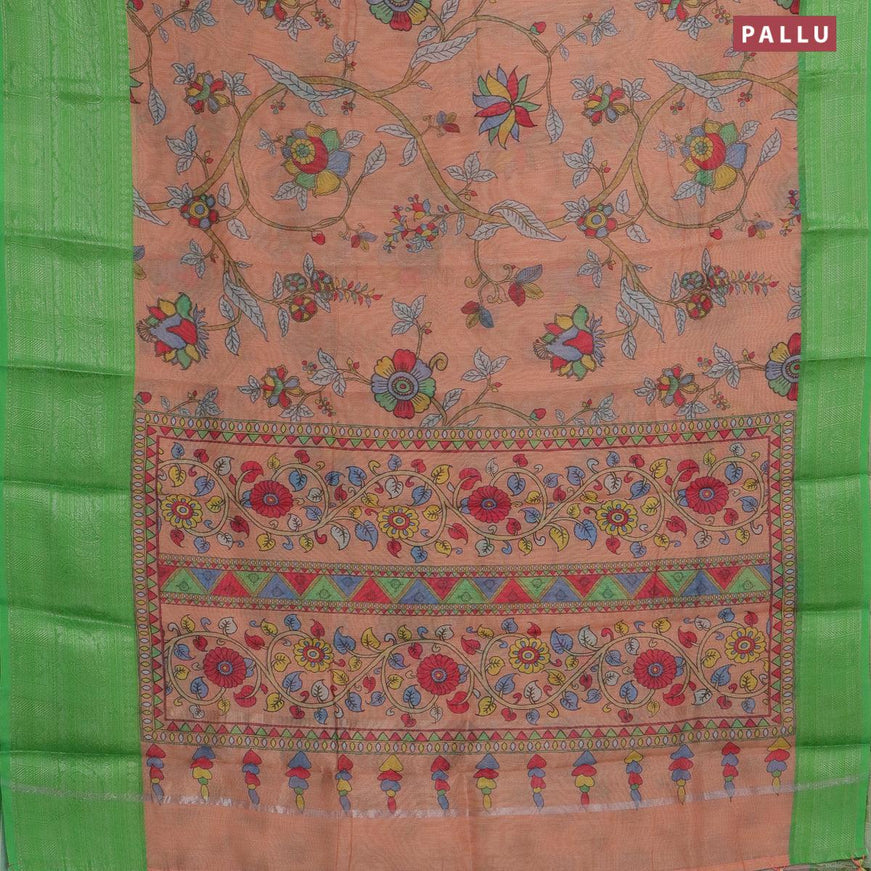 Semi chanderi saree peach and green with allover prints and banarasi style border - - {{ collection.title }} by Prashanti Sarees