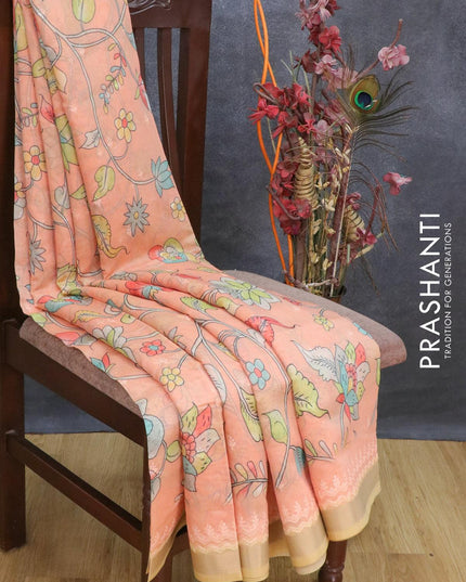 Semi chanderi saree peach and sandal with allover floral prints and embroidery border - {{ collection.title }} by Prashanti Sarees