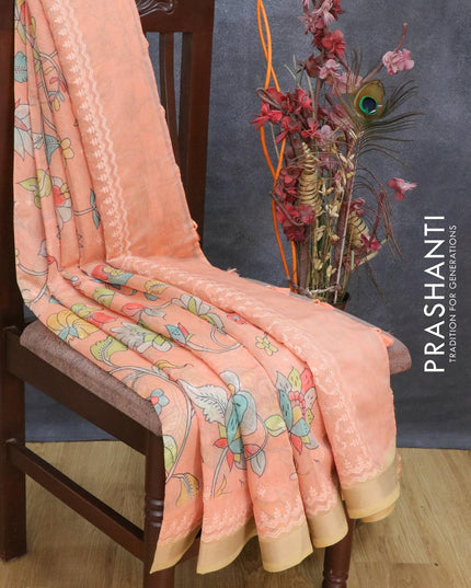 Semi chanderi saree peach and sandal with allover floral prints and embroidery border - {{ collection.title }} by Prashanti Sarees