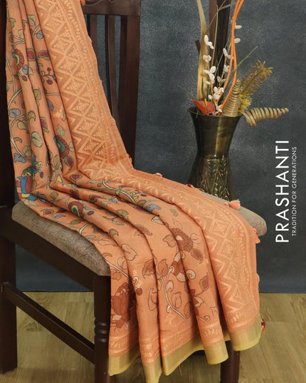 Semi chanderi saree peach and yellow shade with allover floral prints and embroidery border - {{ collection.title }} by Prashanti Sarees