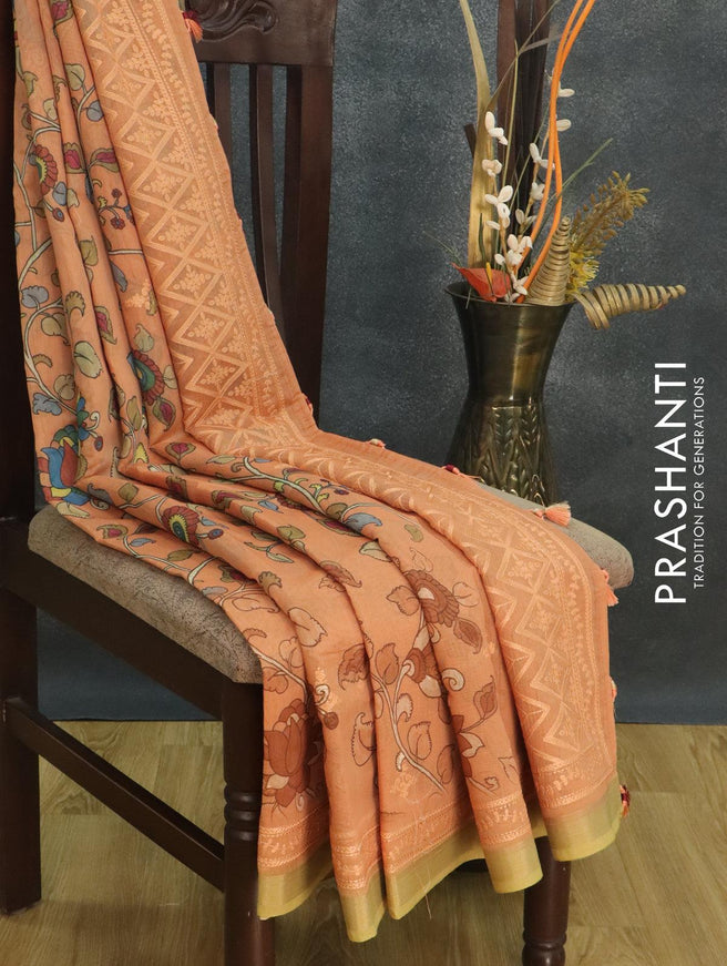Semi chanderi saree peach and yellow shade with allover floral prints and embroidery border - {{ collection.title }} by Prashanti Sarees
