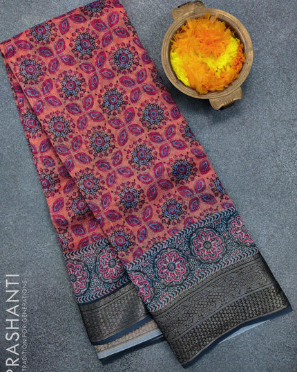 Semi chanderi saree peach orange and grey with allover ajrakh prints and banarasi style border - {{ collection.title }} by Prashanti Sarees