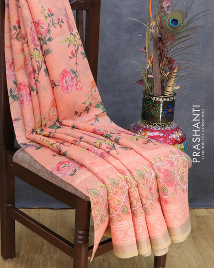 Semi chanderi saree peach orange and sandal with allover floral prints and embroidery border - {{ collection.title }} by Prashanti Sarees