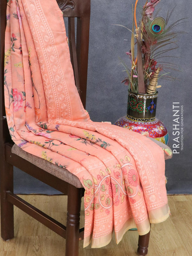 Semi chanderi saree peach orange and sandal with allover floral prints and embroidery border - {{ collection.title }} by Prashanti Sarees