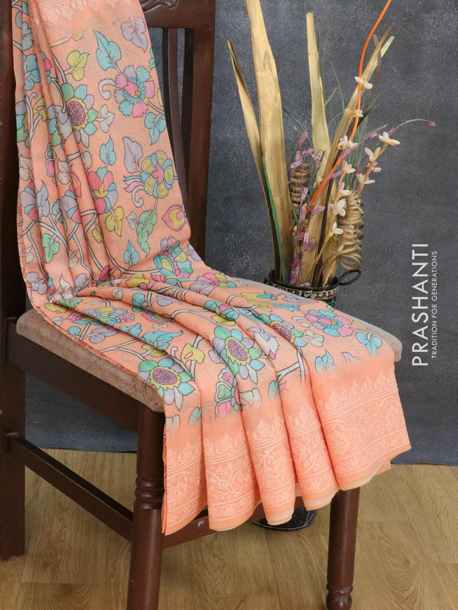 Semi chanderi saree peach orange with allover floral prints and embroidery border - {{ collection.title }} by Prashanti Sarees