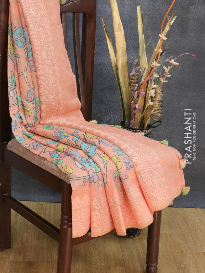 Semi chanderi saree peach orange with allover floral prints and embroidery border - {{ collection.title }} by Prashanti Sarees