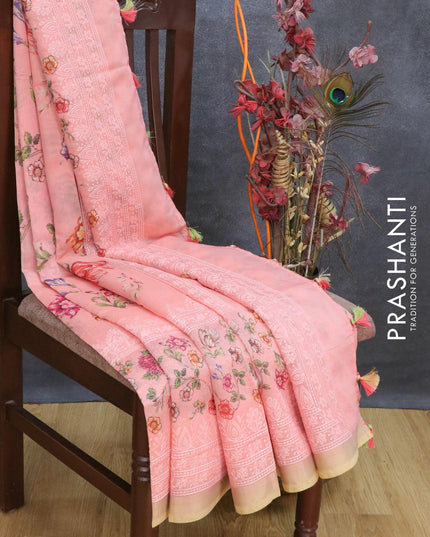 Semi chanderi saree peach pink with allover floral prints & embroidery work and zari woven border - {{ collection.title }} by Prashanti Sarees