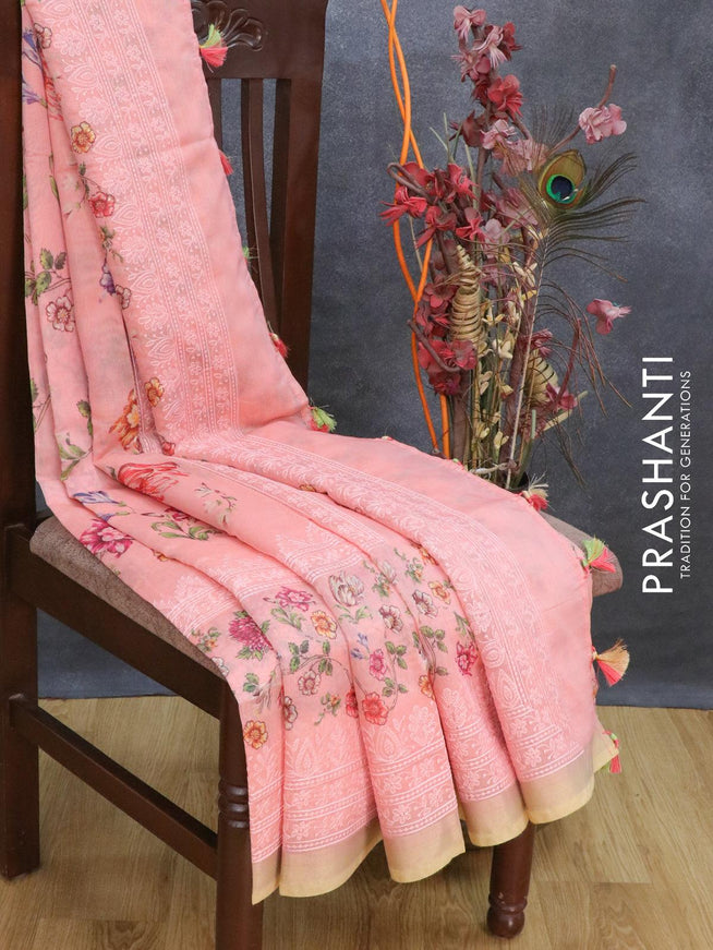 Semi chanderi saree peach pink with allover floral prints & embroidery work and zari woven border - {{ collection.title }} by Prashanti Sarees