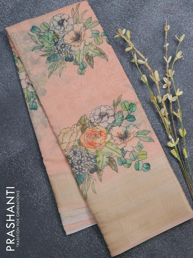 Semi chanderi saree peach with allover floral prints and banarasi style border - - {{ collection.title }} by Prashanti Sarees