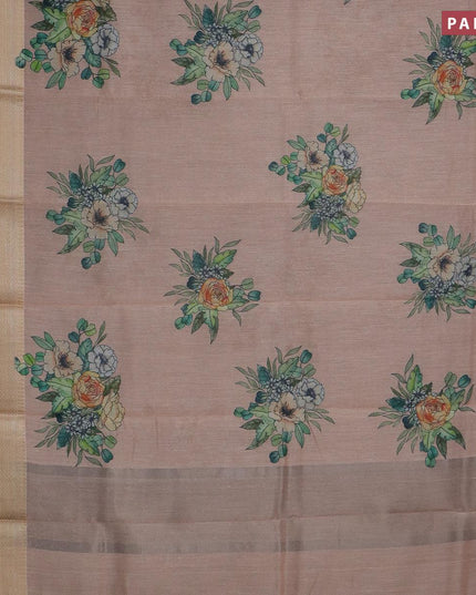Semi chanderi saree peach with allover floral prints and banarasi style border - - {{ collection.title }} by Prashanti Sarees