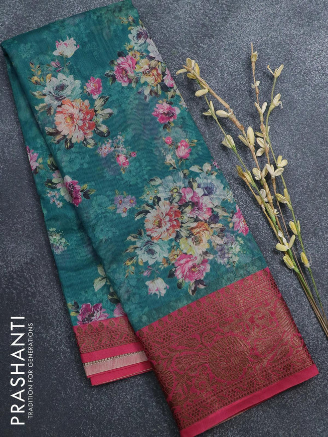 Semi chanderi saree peacock blue and pink with allover floral prints and banarasi style border - - {{ collection.title }} by Prashanti Sarees