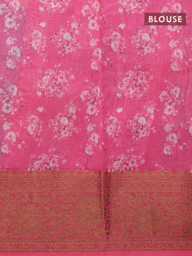 Semi chanderi saree peacock blue and pink with allover floral prints and banarasi style border - - {{ collection.title }} by Prashanti Sarees