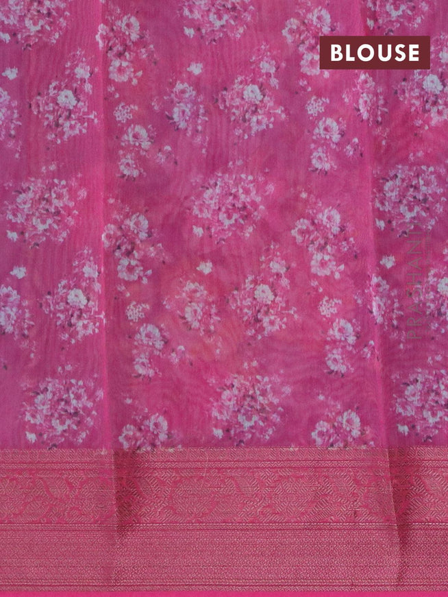 Semi chanderi saree peacock blue and pink with allover floral prints and banarasi style border - {{ collection.title }} by Prashanti Sarees