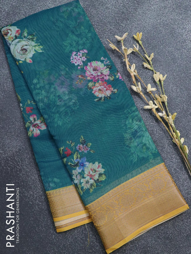 Semi chanderi saree peacock blue and yellow with allover floral prints and banarasi style border - - {{ collection.title }} by Prashanti Sarees