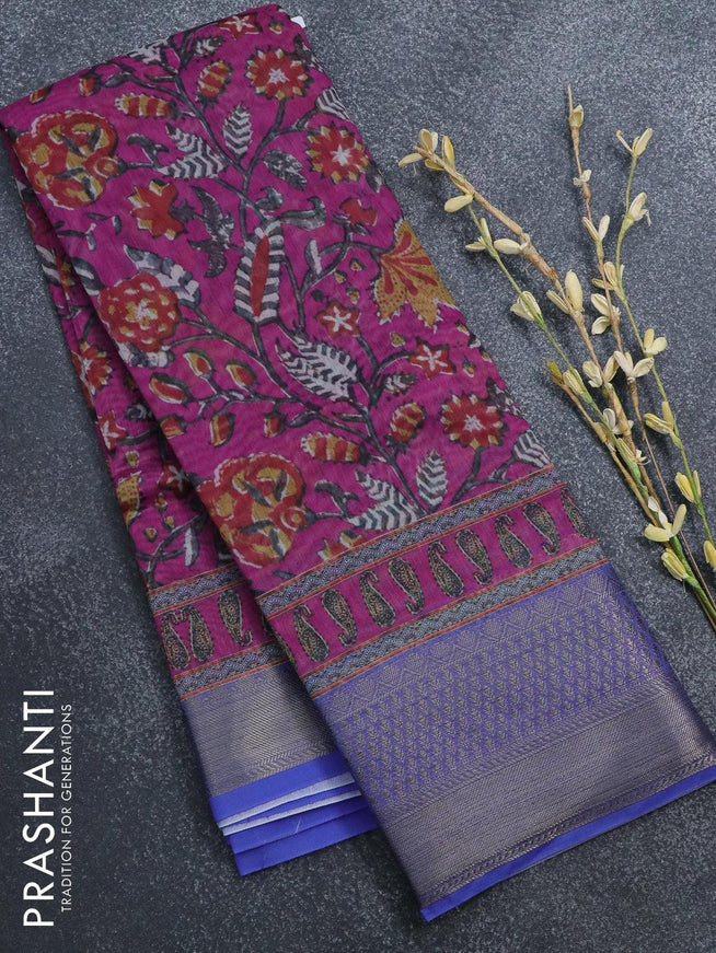Semi chanderi saree pink and blue with allover prints and banarasi style border - - {{ collection.title }} by Prashanti Sarees
