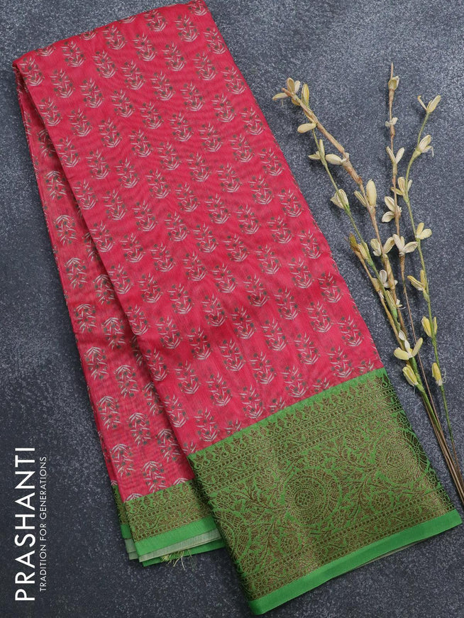 Semi chanderi saree pink and green with allover butta prints and banarasi style border - - {{ collection.title }} by Prashanti Sarees