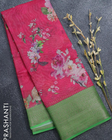 Semi chanderi saree pink and green with allover floral prints and banarasi style border - - {{ collection.title }} by Prashanti Sarees