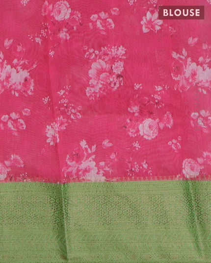 Semi chanderi saree pink and green with allover floral prints and banarasi style border - - {{ collection.title }} by Prashanti Sarees