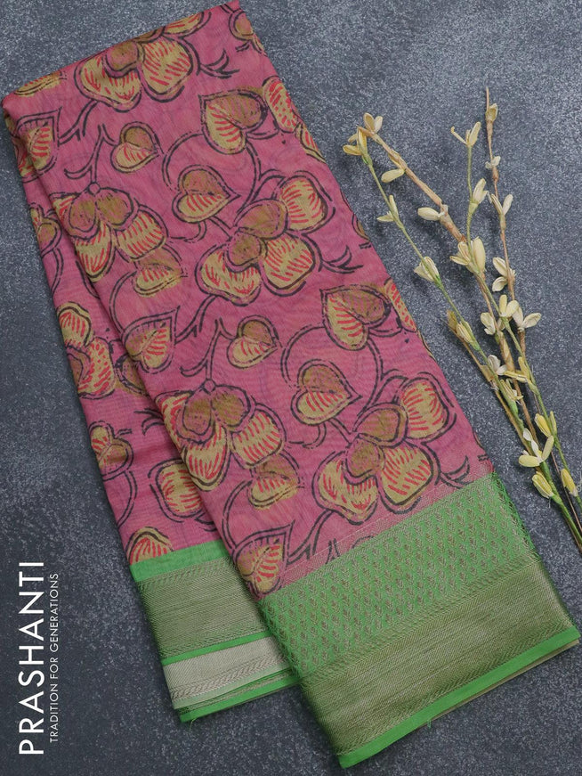 Semi chanderi saree pink and green with allover prints and banarasi style border - - {{ collection.title }} by Prashanti Sarees