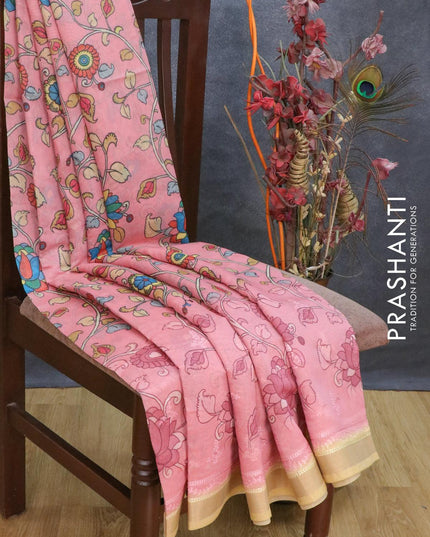 Semi chanderi saree pink shade and sandal with allover floral prints & embroidery work and embroidery border - {{ collection.title }} by Prashanti Sarees