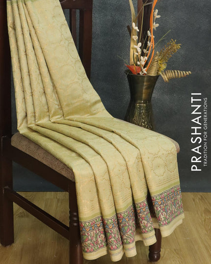 Semi chanderi saree pista green and beige with allover zari weaving and madhubani printed border - {{ collection.title }} by Prashanti Sarees