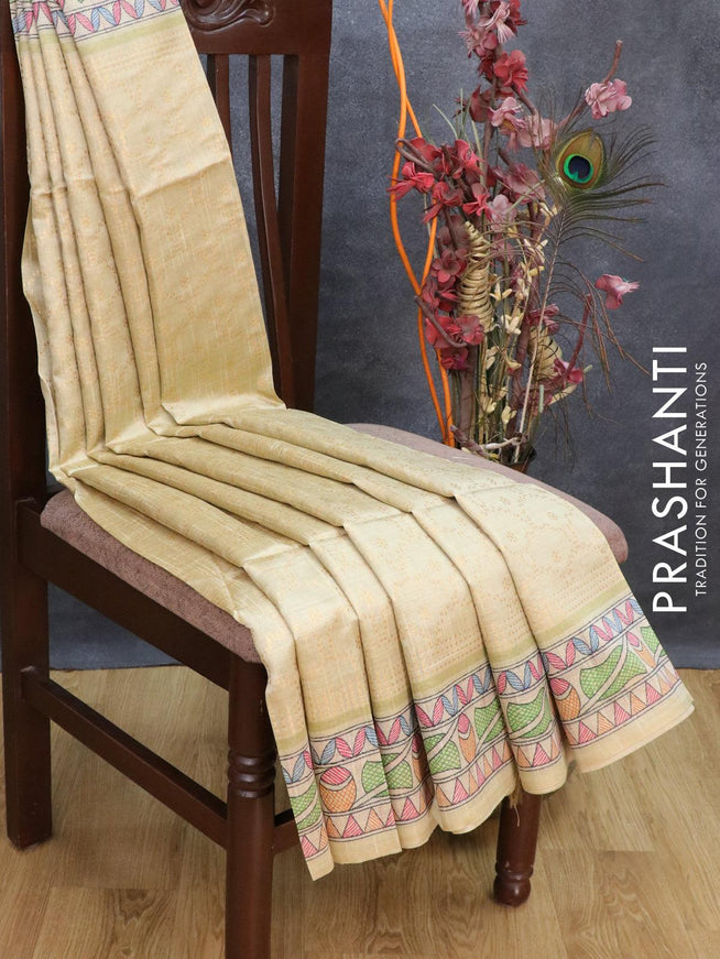 Semi chanderi saree pista green shade and beige with allover zari weaving and madhubani printed border - {{ collection.title }} by Prashanti Sarees