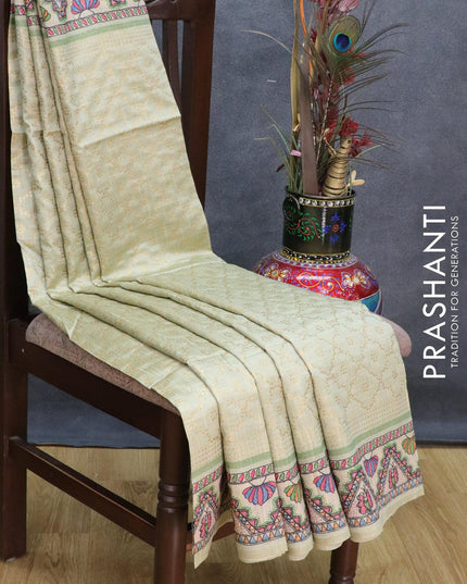 Semi chanderi saree pista green with allover zari weaving and madhubani printed border - {{ collection.title }} by Prashanti Sarees