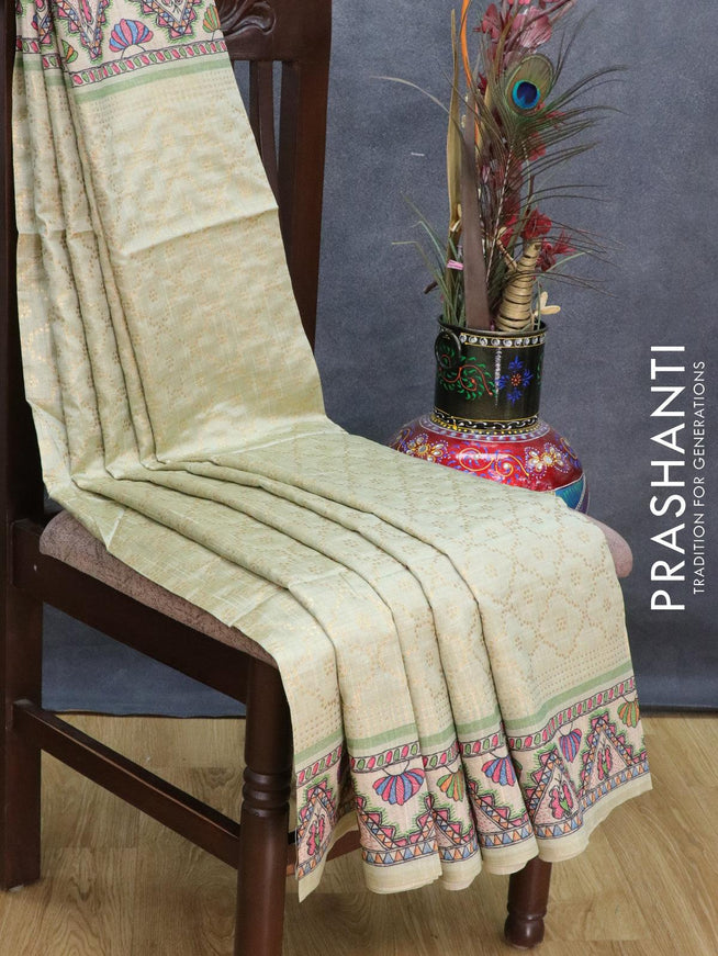 Semi chanderi saree pista green with allover zari weaving and madhubani printed border - {{ collection.title }} by Prashanti Sarees