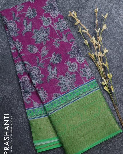 Semi chanderi saree purple and green with allover prints and banarasi style border - - {{ collection.title }} by Prashanti Sarees