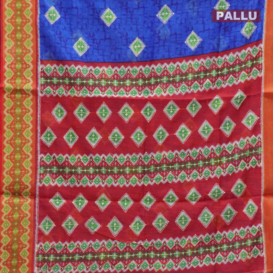 Semi chanderi saree royal blue and red with butta prints & kantha stitch work and zari woven border - {{ collection.title }} by Prashanti Sarees