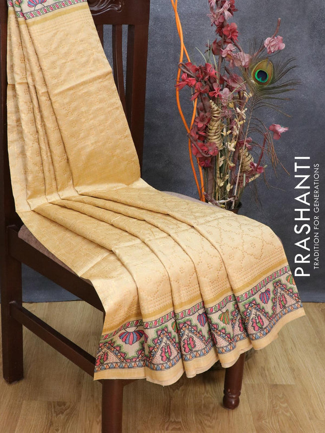 Semi chanderi saree sandal and beige with allover zari weaving and madhubani printed border - {{ collection.title }} by Prashanti Sarees