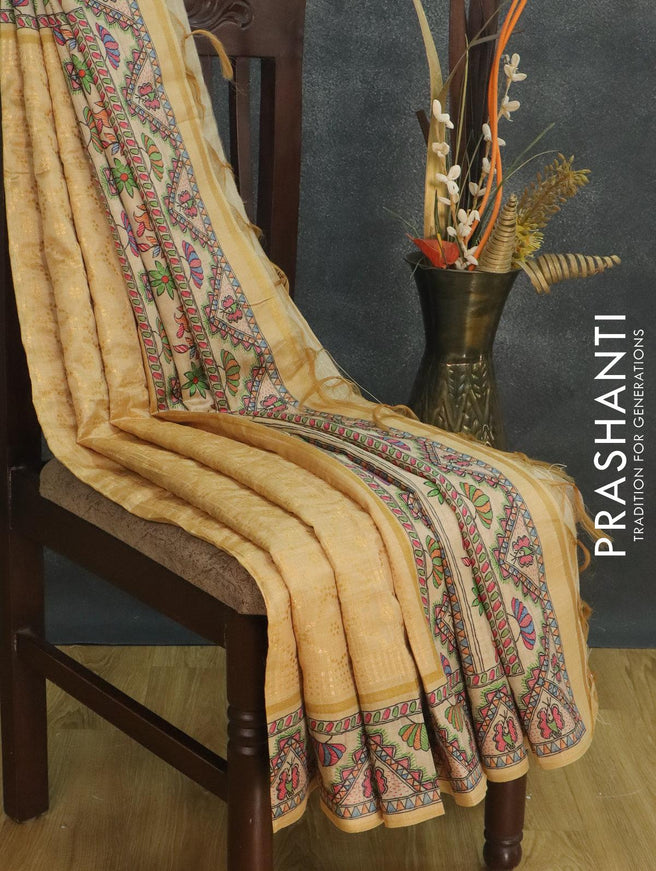 Semi chanderi saree sandal and beige with allover zari weaving and madhubani printed border - {{ collection.title }} by Prashanti Sarees