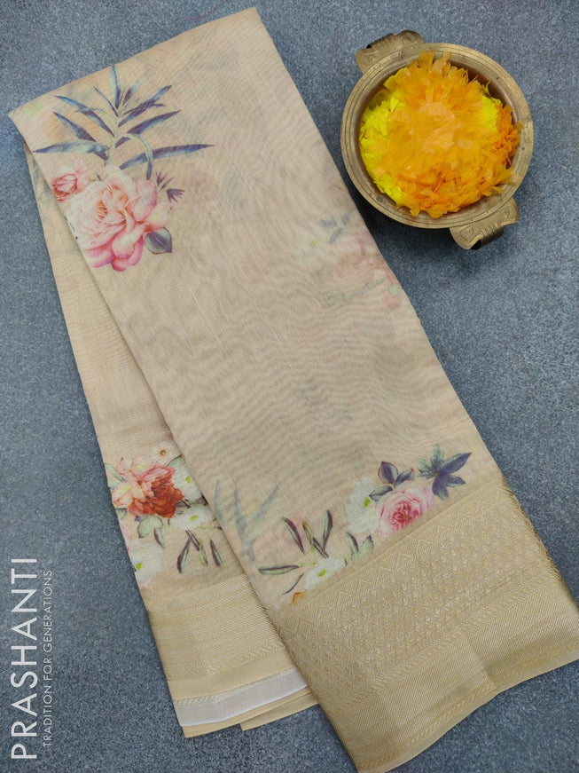 Semi chanderi saree sandal with allover floral prints and banarasi style border - {{ collection.title }} by Prashanti Sarees