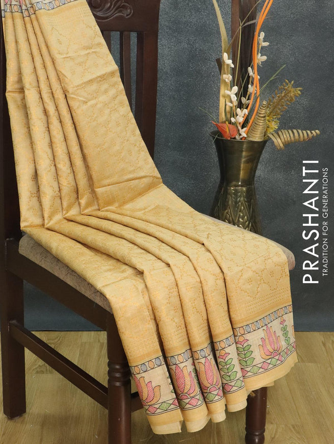 Semi chanderi saree sandal with allover zari weaving and madhubani printed border - {{ collection.title }} by Prashanti Sarees
