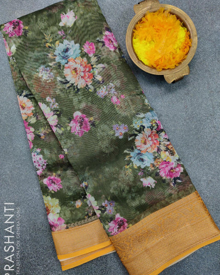 Semi chanderi saree sap green and yellow with allover floral prints and banarasi style border - {{ collection.title }} by Prashanti Sarees