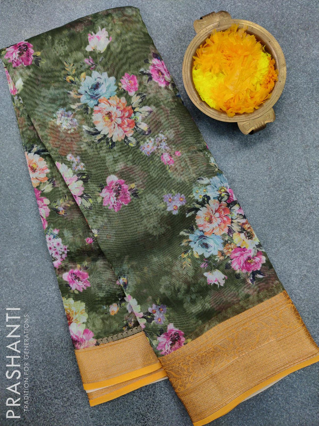 Semi chanderi saree sap green and yellow with allover floral prints and banarasi style border - {{ collection.title }} by Prashanti Sarees