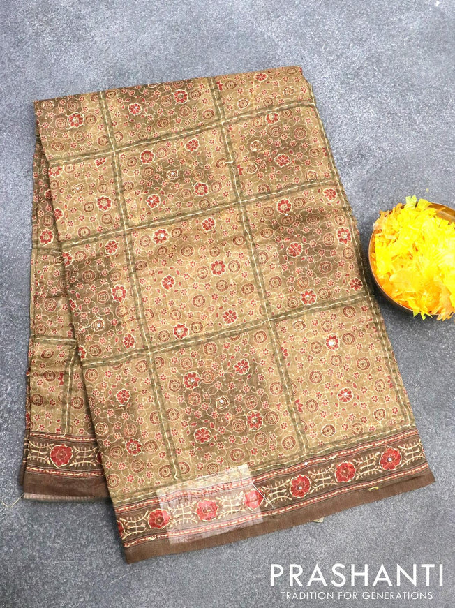 Semi chanderi saree sap green shade and brown with allover ajrakh prints & kantha stitch work and kantha stitch work border - {{ collection.title }} by Prashanti Sarees